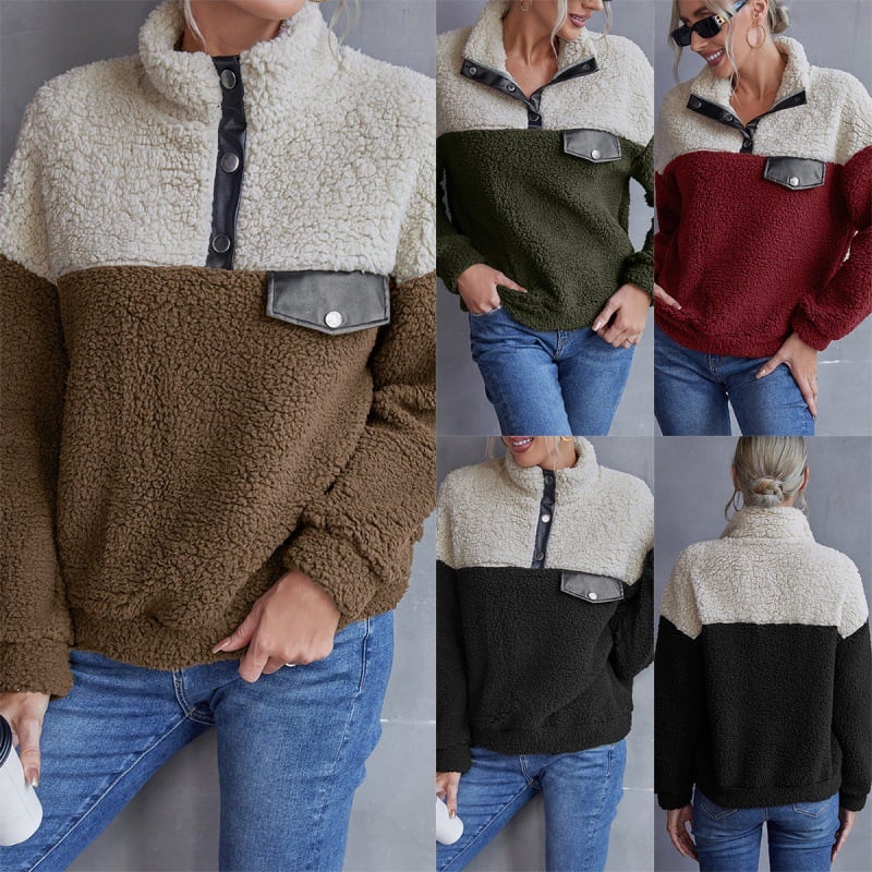 Women’s Color-Blocking Casual Plush Sweater – Loose-Fit Round Neck Long Sleeve Pullover, 4 Colors, S–XL