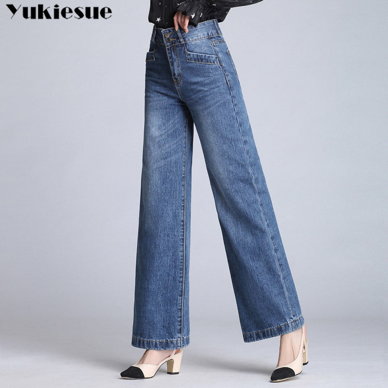 Women’s High-Waist Wide-Leg Ripped Jeans – Cotton Boyfriend Denim in Sky Blue & Blue, Sizes 26–33