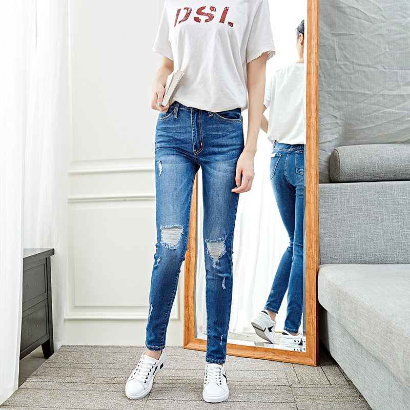 Women’s Ripped Stretch Skinny Jeans – Blue Mid-Waist Pencil Denim, S–2XL
