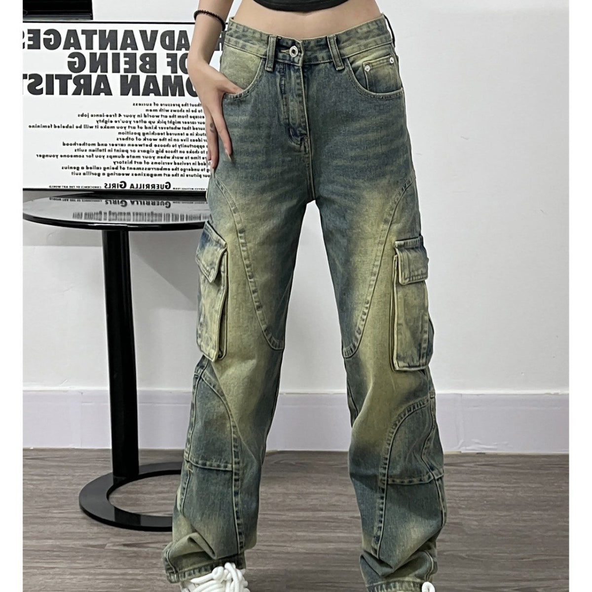 Women’s Deconstructed Washed Wide-Leg Jeans – High-Quality Blue Denim with Pocket Details, S–XL