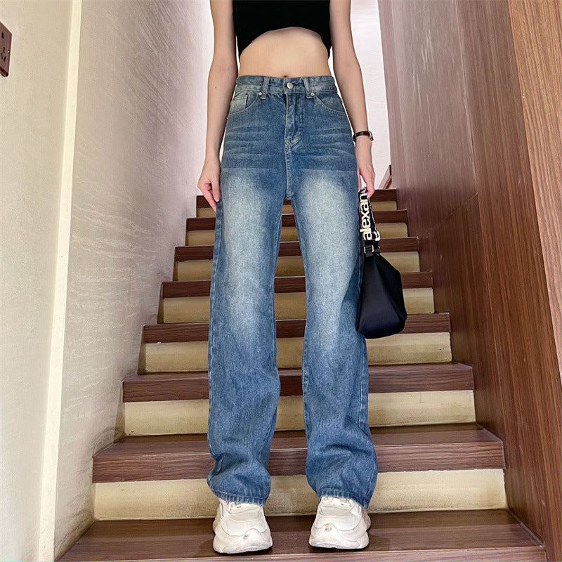 Women’s Fashionable Retro High-Waist Straight Jeans – Vintage Blue Micro-Stretch Denim, S–XL