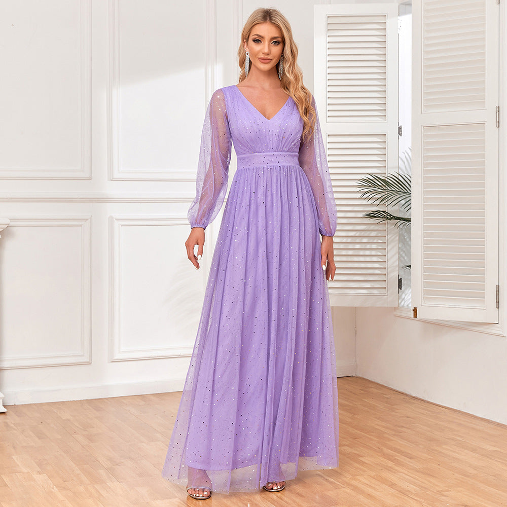 Elegant Sheer V-Neck Evening Dress – Long Sleeve A-Line Formal Party Gown