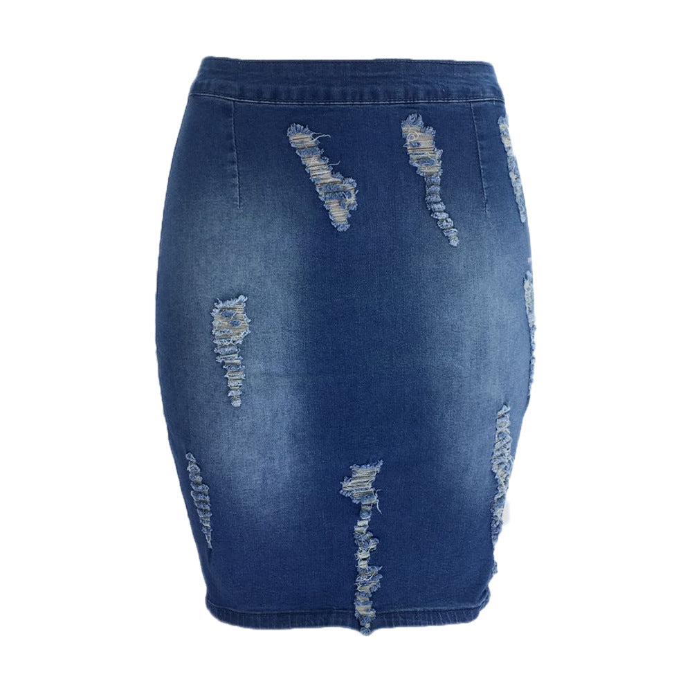 Women’s Ripped Denim Skirt Pants – Distressed Casual Jean Bottoms with Hole Detail