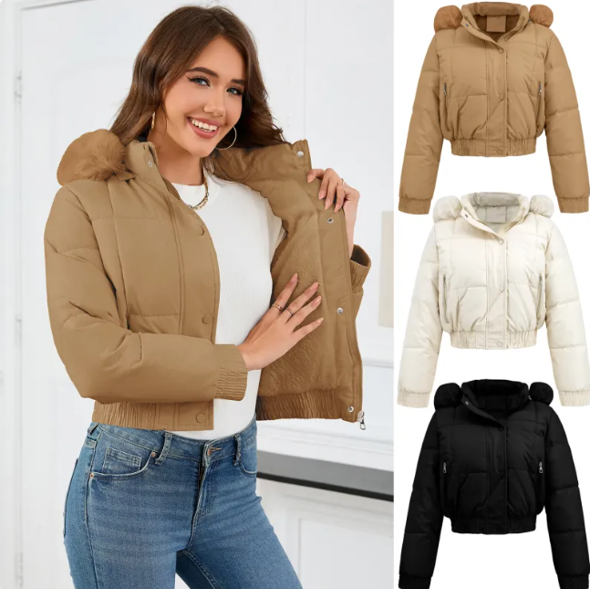 Women’s Cozy-Chic Cotton-Padded Jacket – Thick Warm Polyester Winter Coat, White, Black & Khaki, S–XL