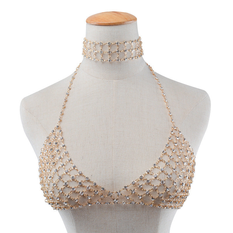 Women’s Rhinestone Chest Body Chain – Adjustable Handmade Statement Jewelry, Gold & Silver