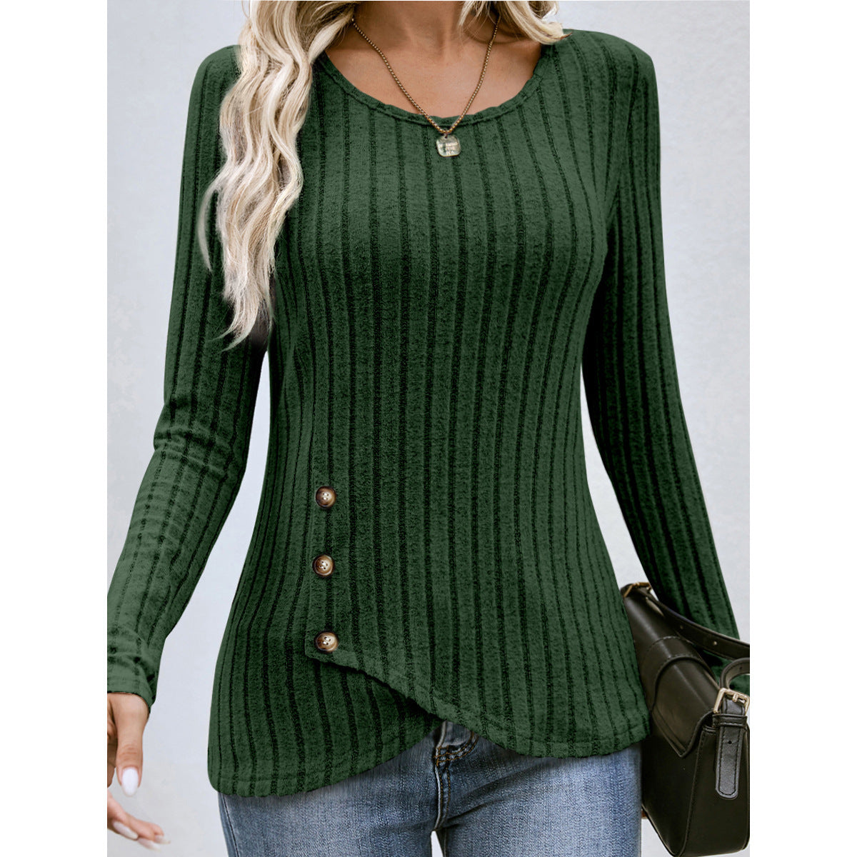 Women’s Button Round Neck Sweater – Slim-Fit Pleated Polyester Pullover, 4 Colors, S–XXL