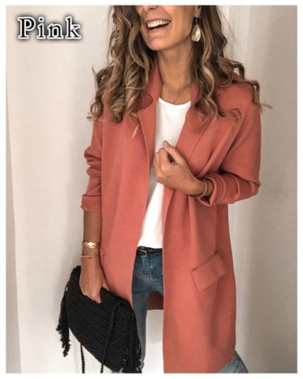 Women’s Casual Long-Sleeve Blazer – Solid Color Suit Collar Jacket with Faux Pockets, S–3XL