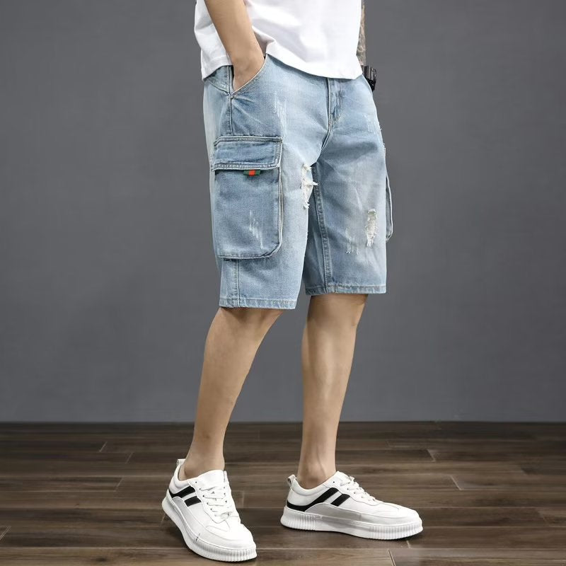 Men’s Summer Loose-Fit Cargo Denim Shorts – Casual Multi-Pocket Beach Shorts