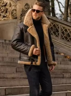 Men’s Winter PU Leather Fur Collar Coat – Thickened Lamb Wool Lined Windproof Jacket, Brown & Apricot, XS–5XL