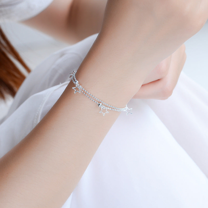 Silver Anklet with Double Layer Star Design - Fashion Jewelry