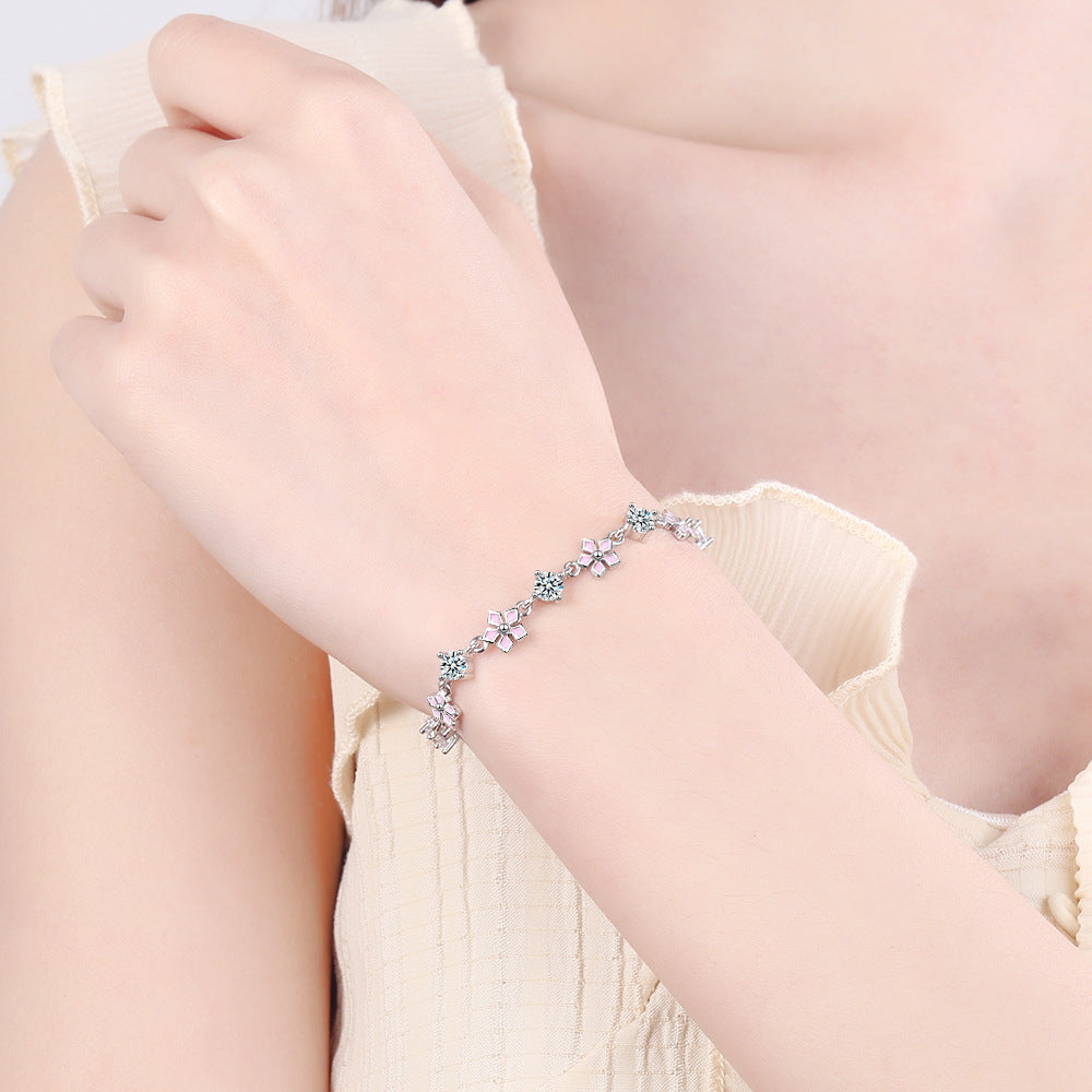 Women’s Cherry Blossom Bracelet – Silver Platinum-Plated Floral Jewelry