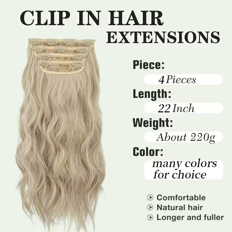 4-Piece 22-Inch Wavy Clip-In Hair Extensions for Women – Synthetic Water Wave Set