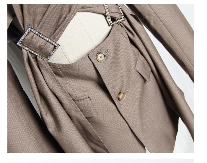 Women’s Designer Khaki Plaid Blazer – Slim-Fit Hollow-Out Long Tailored Jacket, S–L