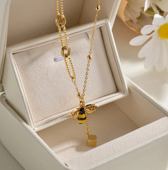 Bee Charm Square Pendant Necklace