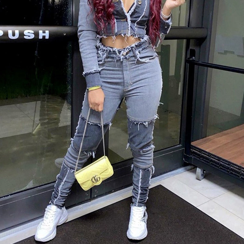 Women’s Colorblock High-Waist Skinny Jeans – Cotton-Blend Autumn Pants, S–3XL