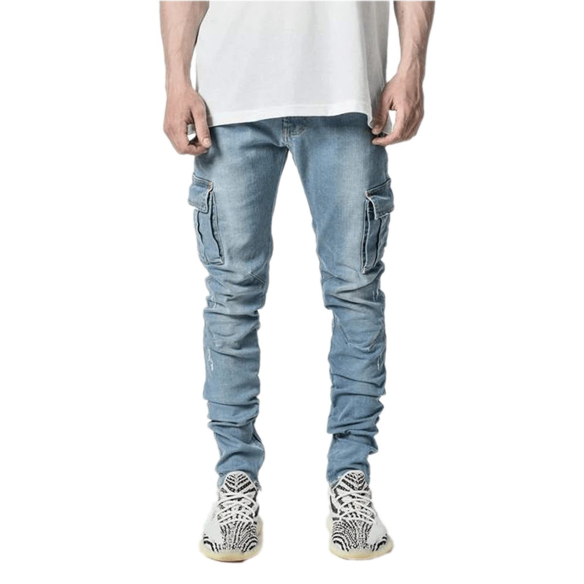 Fashionable Multi-Pocket Men’s Tooling Jeans – Cotton Utility Cargo Denim in Black & Light Blue, S–4XL