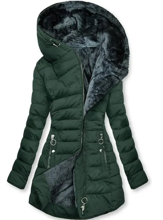 Women’s Plush Hooded Cotton-Padded Coat – Mid-Length Oblique Zipper Winter Jacket, S–5XL