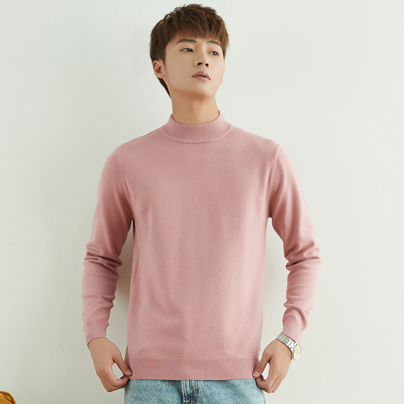 Men’s Korean Fashion Turtleneck Sweater – Acrylic Long Sleeve Pullover, Flesh Pink, M–3XL
