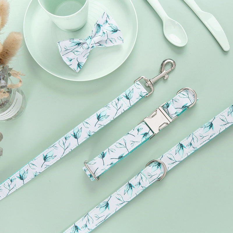 Tropical Leaf Dog & Cat Collar Set – Bowtie Collar & Matching Leash with Metal Buckle