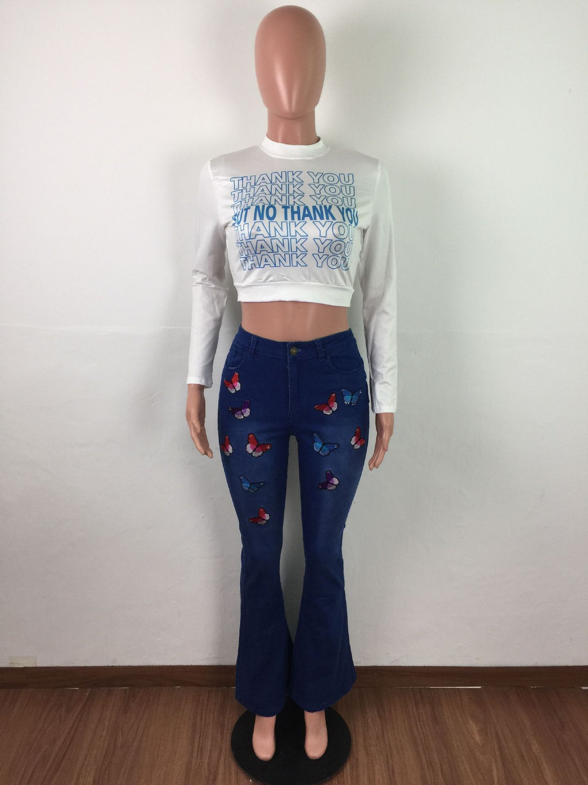 Women’s Embroidered Butterfly Rhinestone Flare Jeans – Blue Wide-Leg Statement Denim, S–3XL