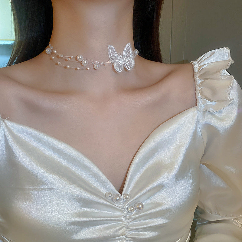 Korean Vintage Pearl Tassel Floral Bow Choker Necklace