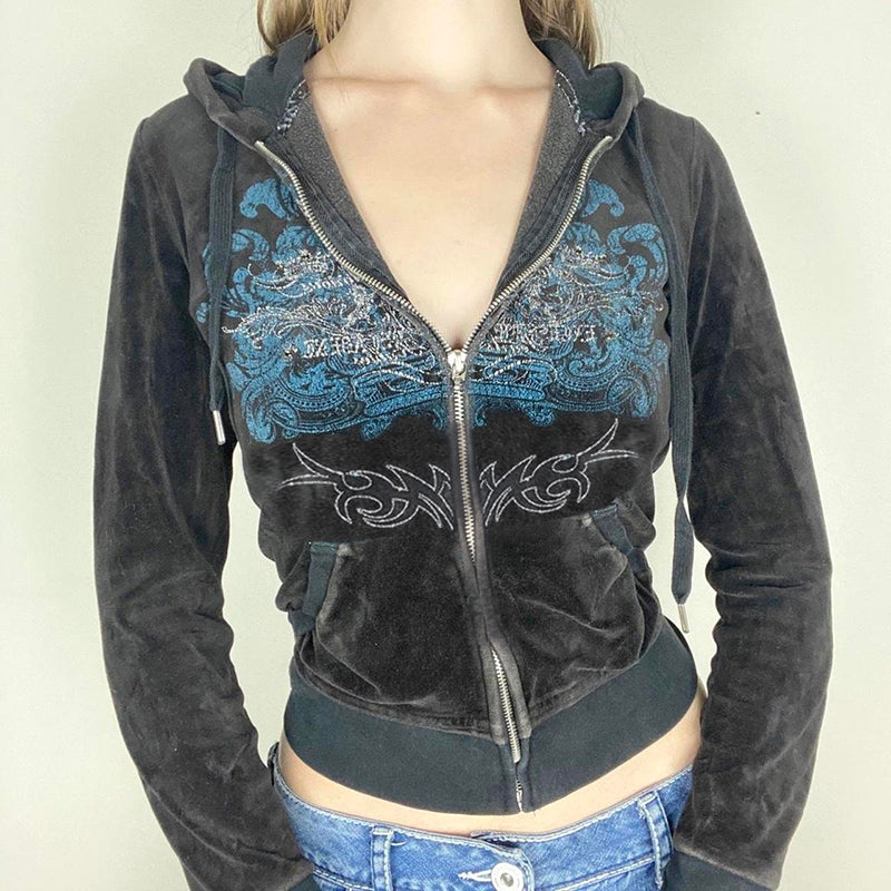 Men’s Y2K Vintage Embroidered Zip-Up Hoodie Jacket – Slim-Fit Streetwear Hooded Sweatshirt