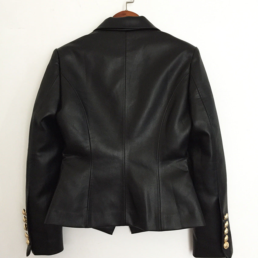 Women’s Black Faux Leather Blazer – Double-Breasted Lion Button Tailored Jacket, S–3XL