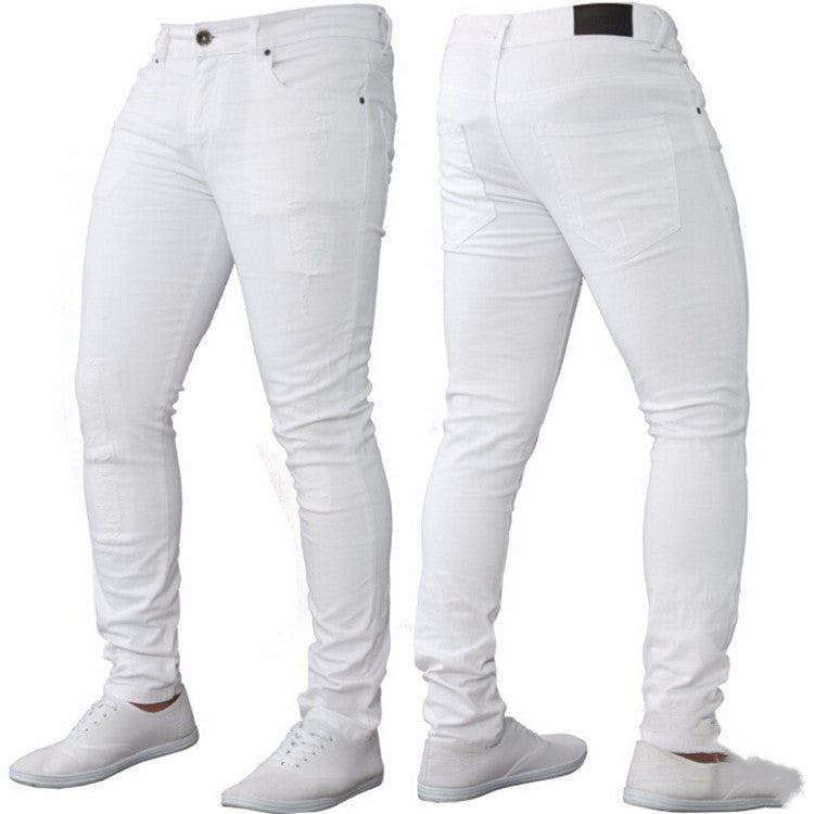 Men’s Ripped White Denim Jeans – Casual Distressed Trousers – USA