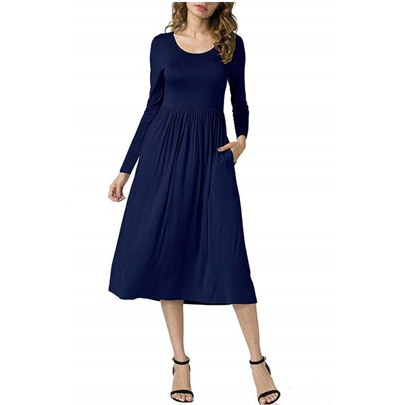 Women’s Long Sleeve A-Line Dress – Elegant Round Neck Solid Color Dress