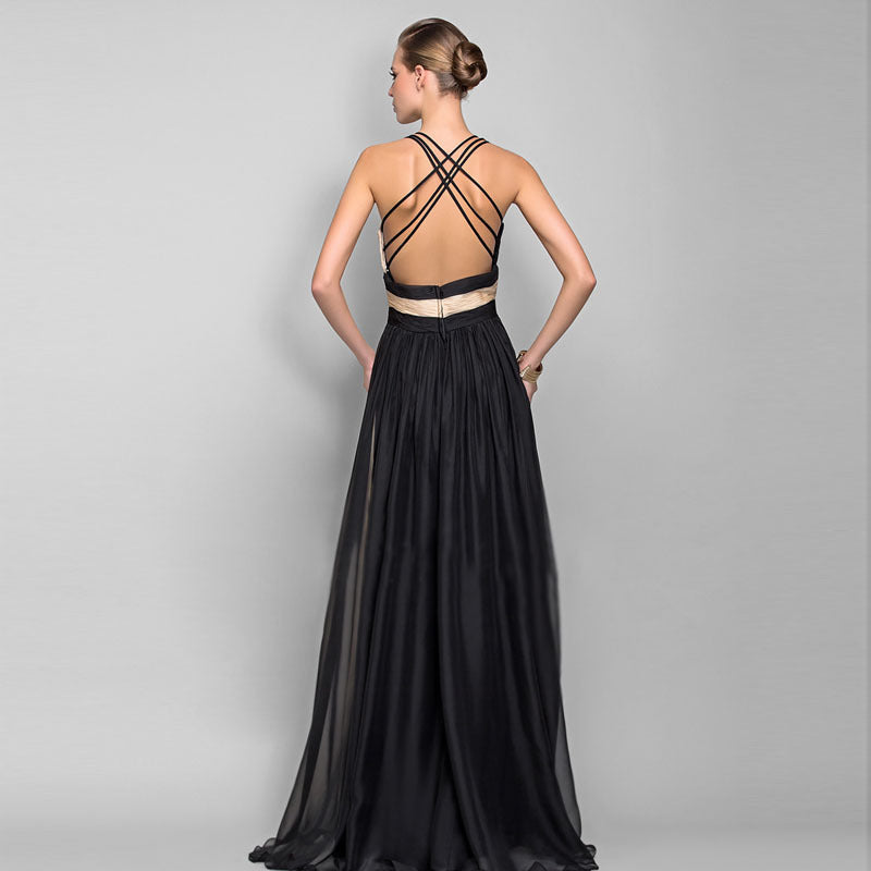 Women’s V-Neck Backless Maxi Dress – Elegant Color Block Evening Gown