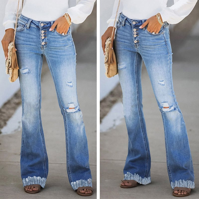 Women’s Fringed Straight-Leg Ripped Jeans – 100% Cotton High-Waist Light Blue Denim, S–2XL