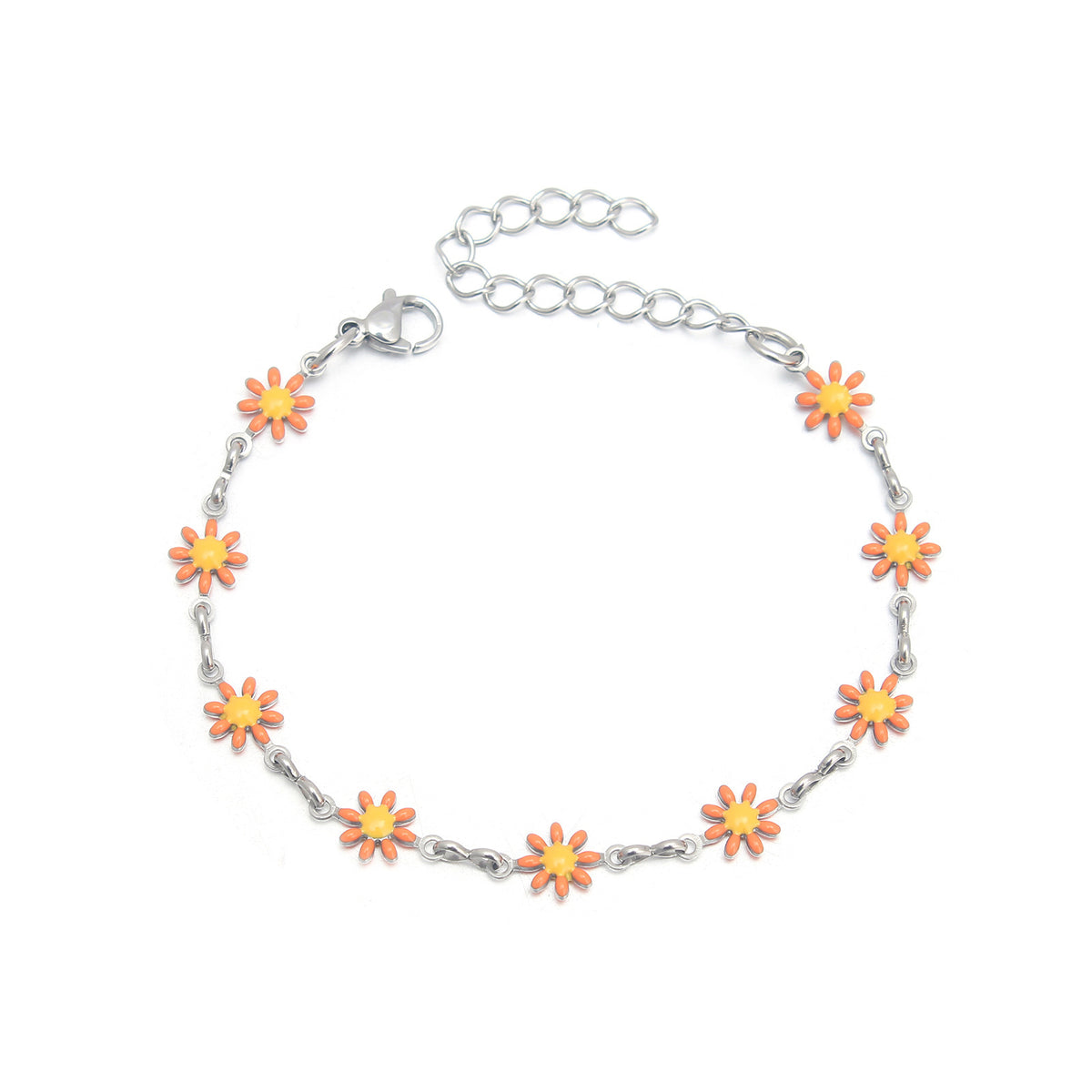 Women’s Silver Flower Bracelet – Korean Style Floral Jewelry in Orange, Pink & White