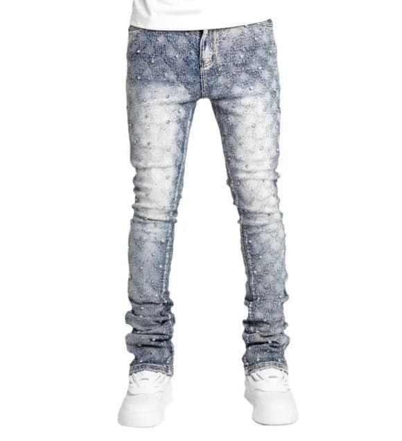 Slim-Fit Rhinestone Embellished Denim Jeans – Stacked Straight-Leg Blue & Black Fashion Jeans, S–2XL