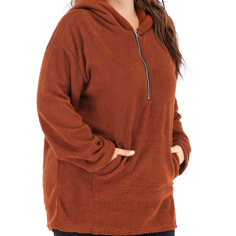 Women’s Plus Size Hooded Lamb Wool Sweater – Mid-Length Long Sleeve Camel Pullover, XL–4XL