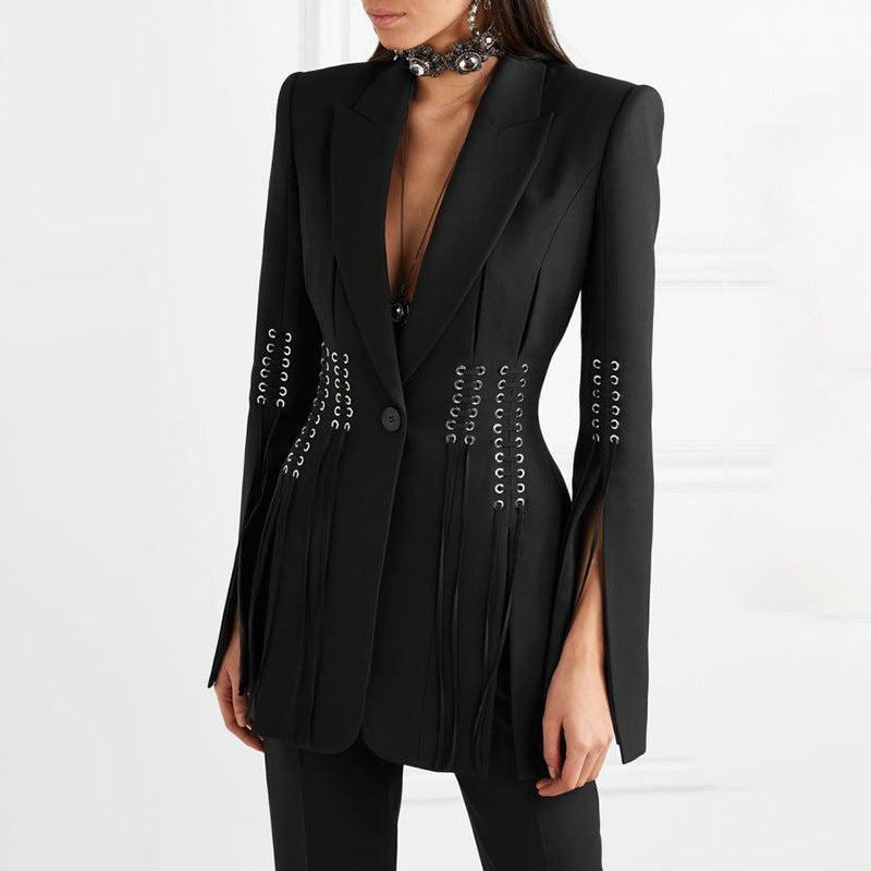 Women’s Black Slim-Fit Blazer – Open-Front Tie Long-Sleeve Office Jacket, S–Mves