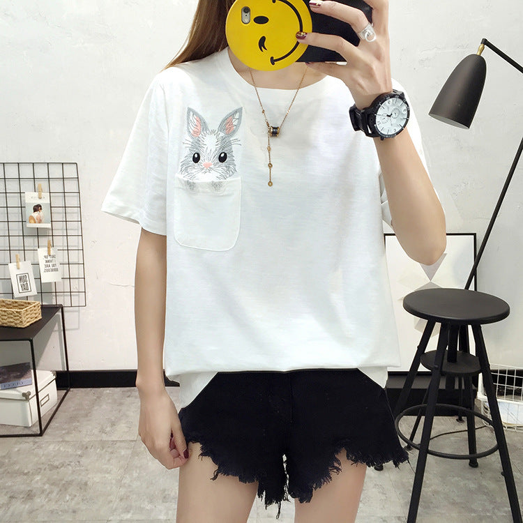 Embroidered Rabbit Short Sleeve T-Shirt for Women