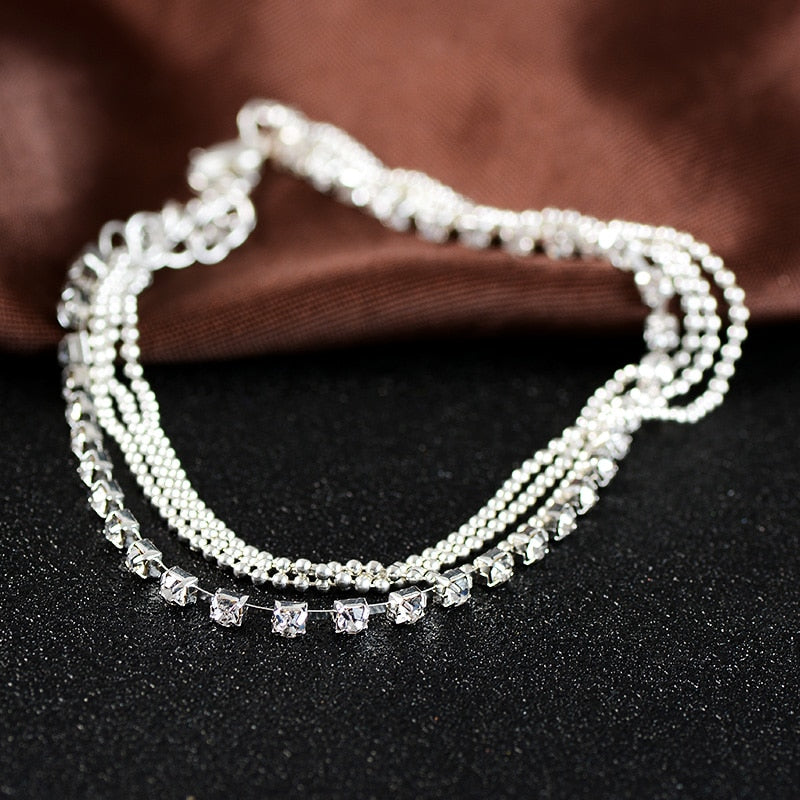 Multi-Layer Metallic Beaded Anklet with Sparkling Gems