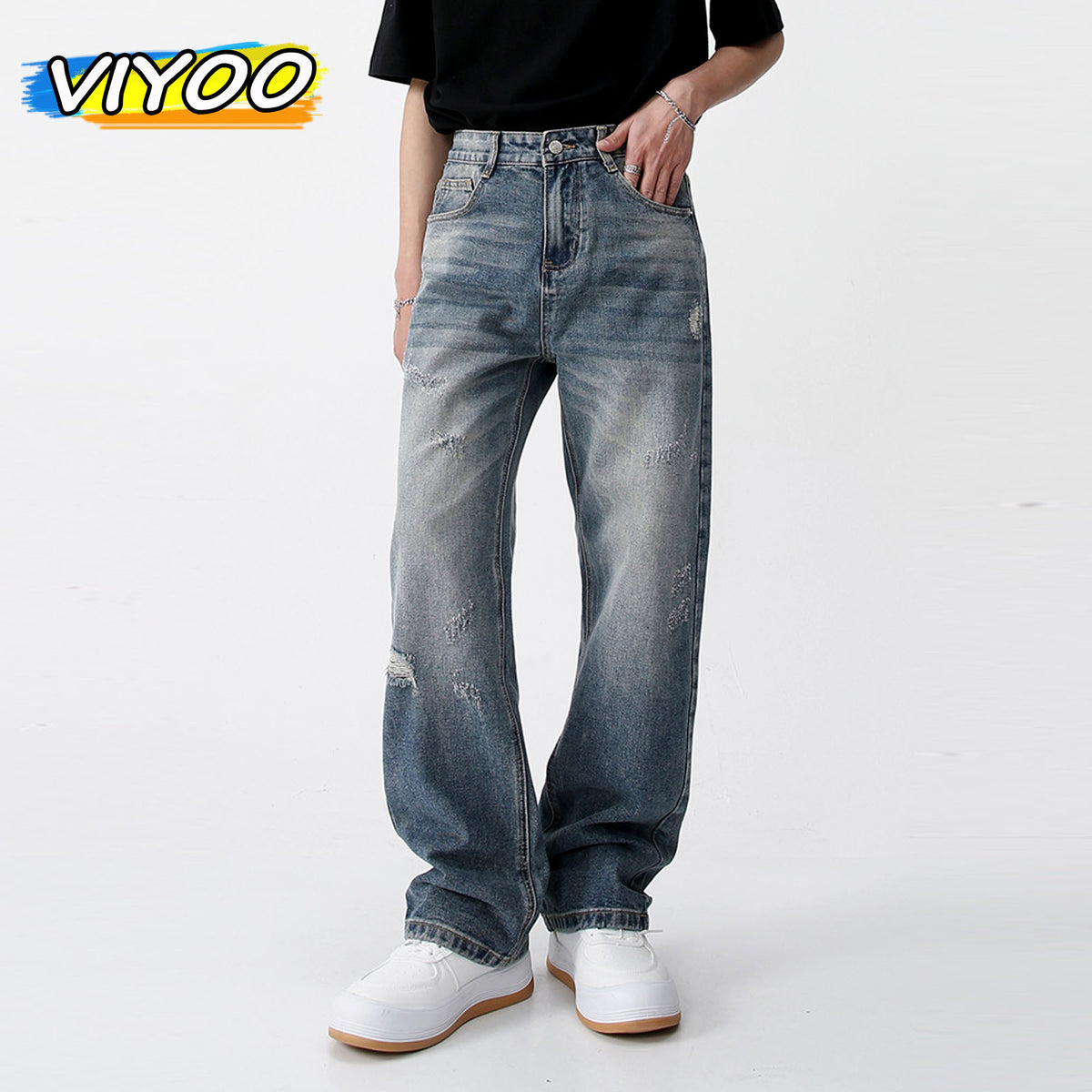 Men’s Loose Straight Vintage Wash Jeans – Cotton Relaxed-Fit Distressed Beige Denim, S–XL