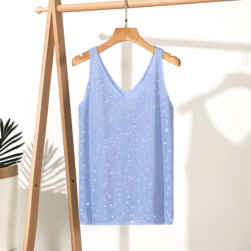 Inlaid Hot Diamond V-neck Knitted T-shirt for Women