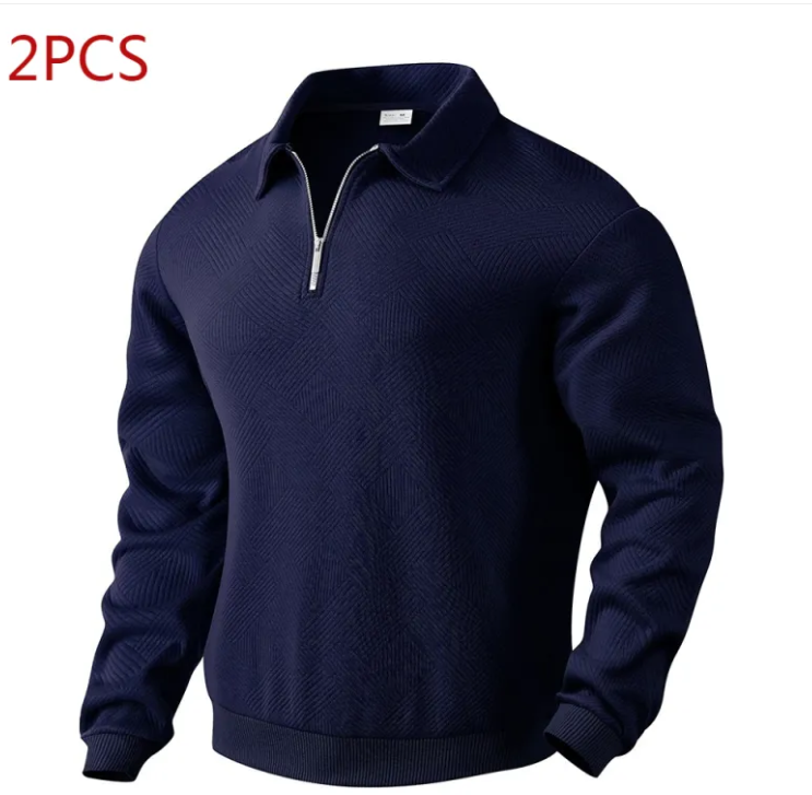 Men’s Lapel Jacquard Half Cardigan Sweater – Textured Polyester Long Sleeve Pullover, 5 Colors, S–3XL