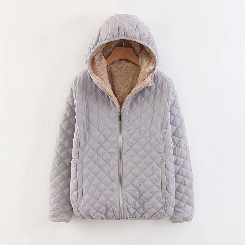 Women’s Plus Size Korean Plaid Fleece Jacket – Hooded Lamb Fleece Winter Coat, 10 Colors, S–3XL
