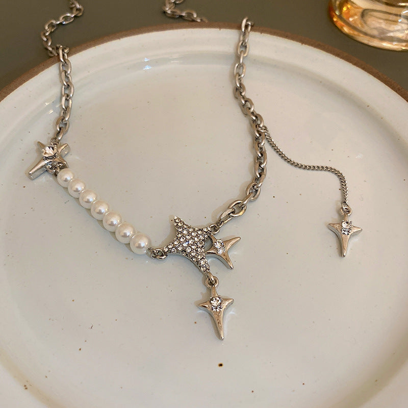 Korean Vintage Pearl Tassel Floral Bow Choker Necklace