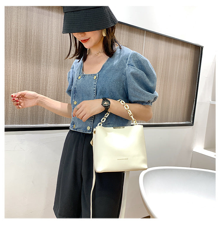 Solid Color PU Leather Tote Bag for Women – Compact Bucket Shoulder & Crossbody Bag