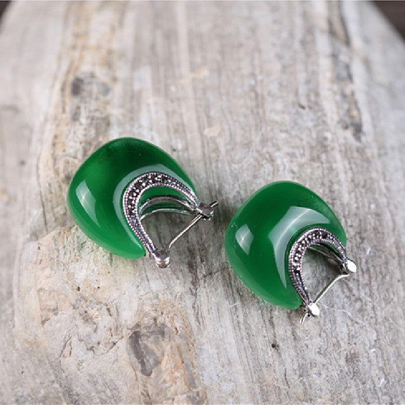 Vintage 925 Silver Cat’s Eye Earrings – Elegant Thai-Inspired Green & White Jewelry