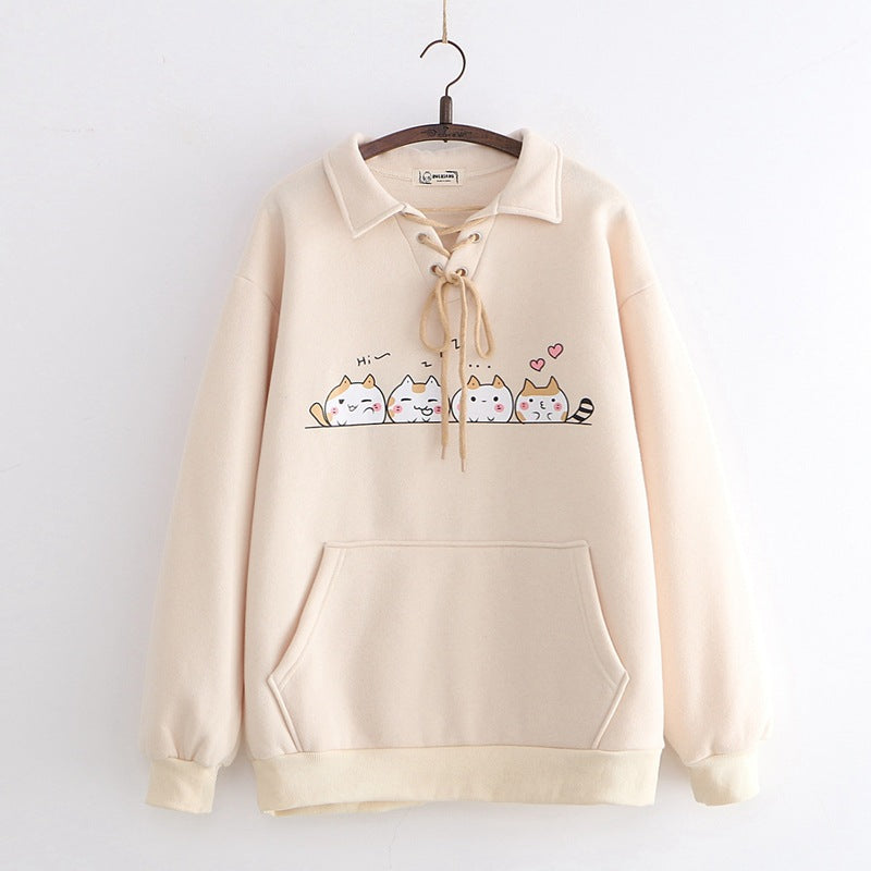 Women’s Plush Hooded Sweater – Japanese Student Style Loose-Fit Long Sleeve Pullover, 3 Colors, One Size