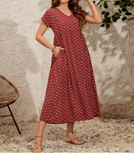 Women’s Floral Tie-Neck Maxi Dress – High-Waist A-Line Vacation Dress S–5XL