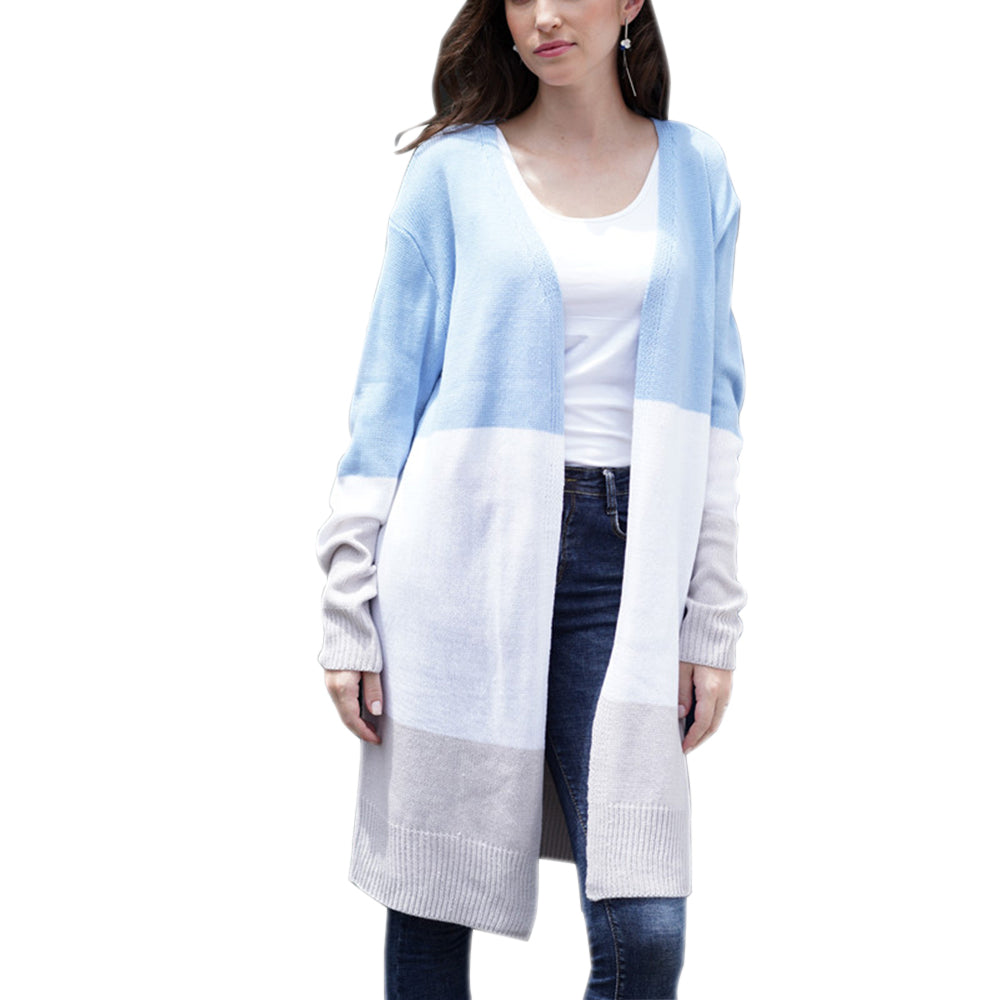 Women’s Striped Knit Long Cardigan Sweater – Cotton Half-Open Collar Casual Cardigan, 5 Colors, S–XL