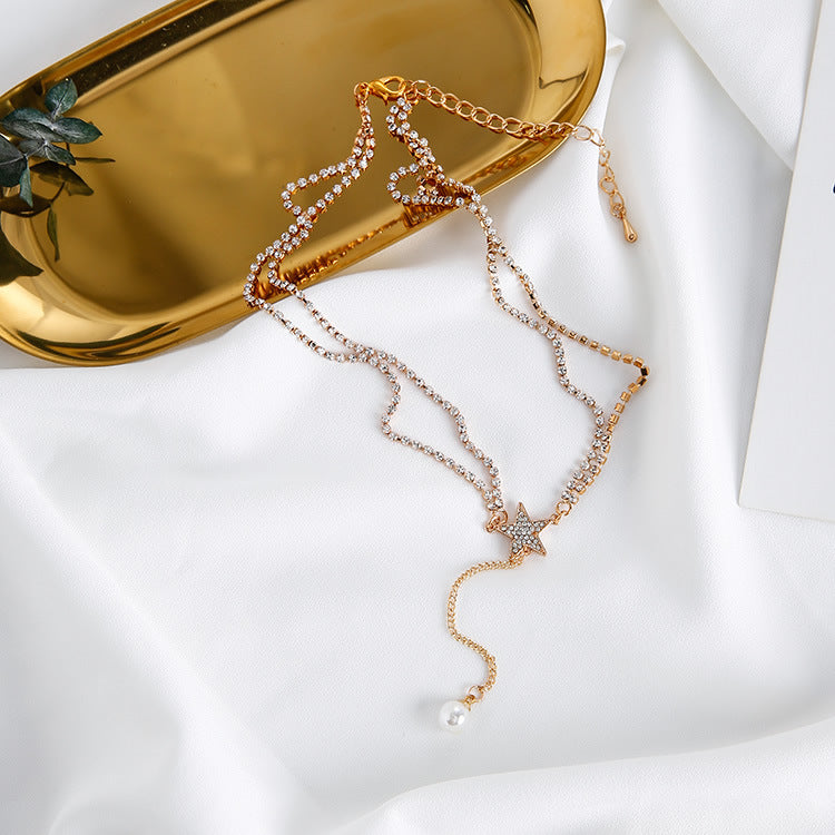 Korean Style Star Pearl Choker with Layered Tassels