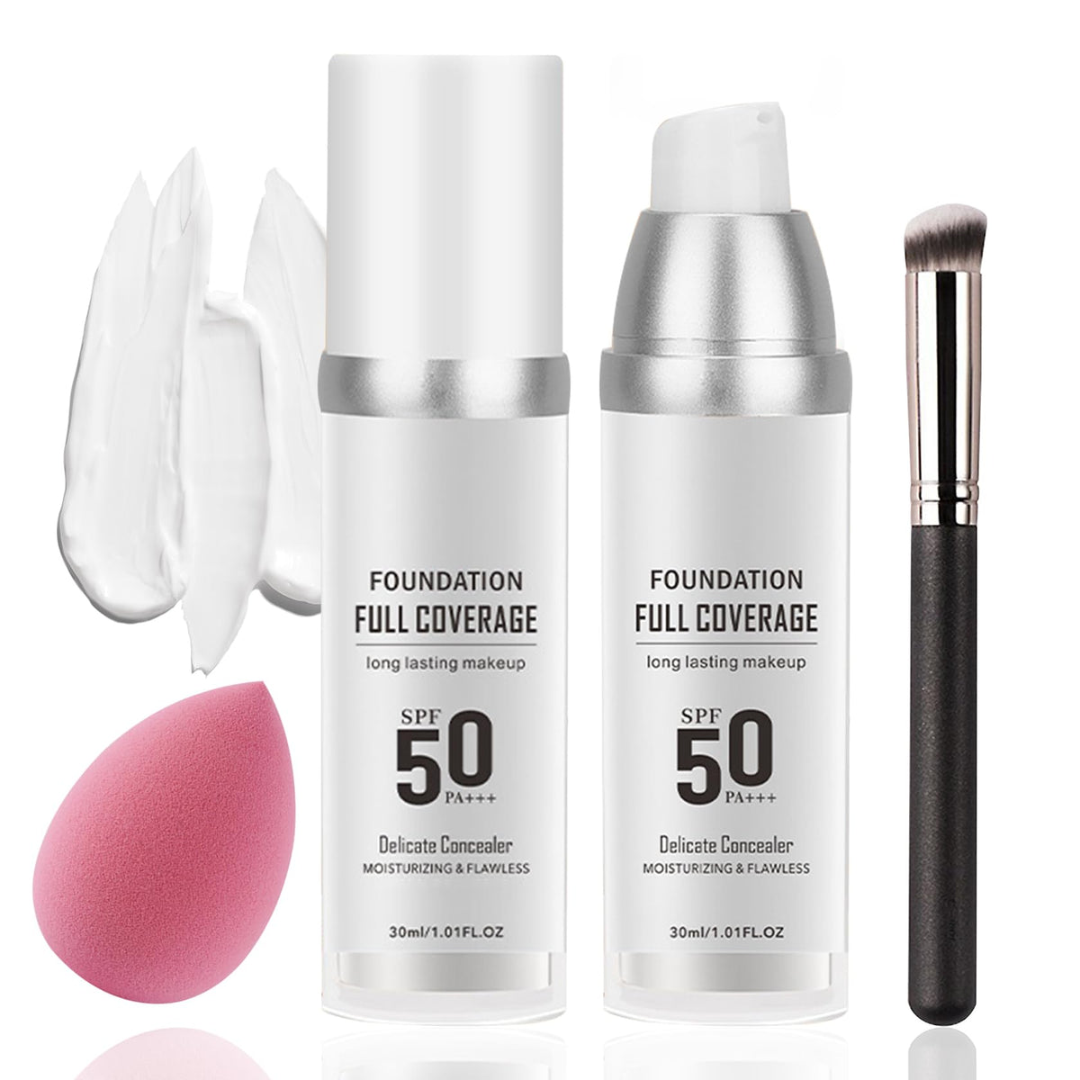 2PCS Color Changing Foundation Set with Brush & Makeup Sponge – SPF 50 PA+++, Full Coverage, Moisturizing & Oil Control