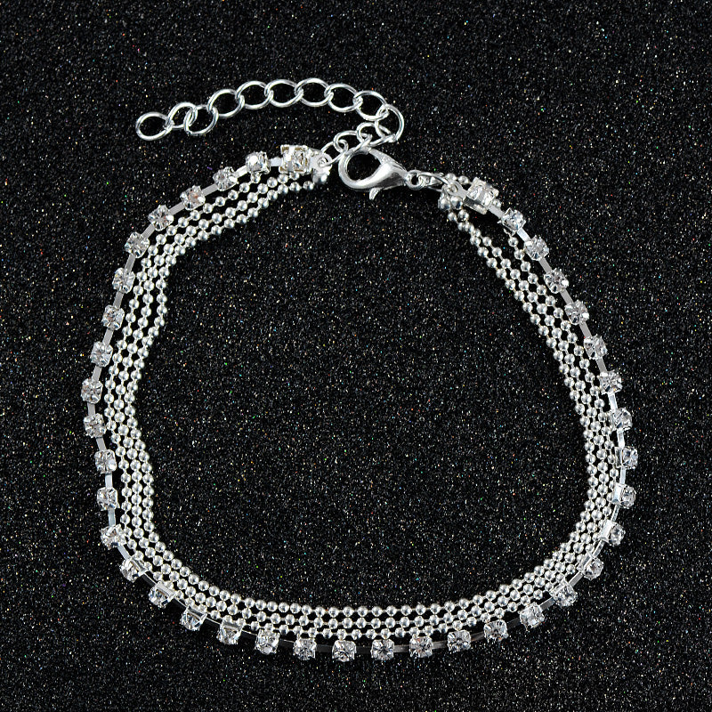 Multi-Layer Metallic Beaded Anklet with Sparkling Gems
